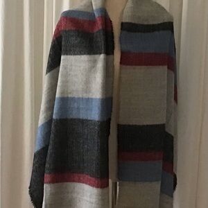 Isaac Mizrahi New York Scarf/Wrap Grey Herringbone w/ Burgundy, Black, Blue